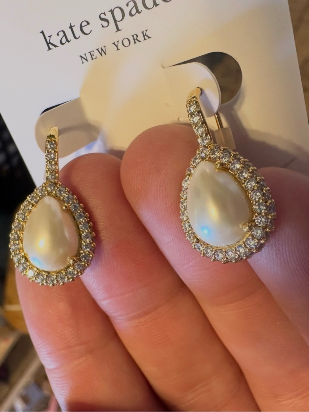 Kate Spade Saturday Pavé Halo Drop Faux Pearl Teardrop Earrings Gold Tone